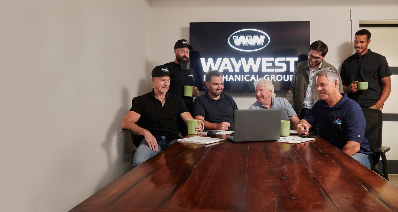 Waywest Mechanical Group team meeting at the Wellington Road office in Nanaimo