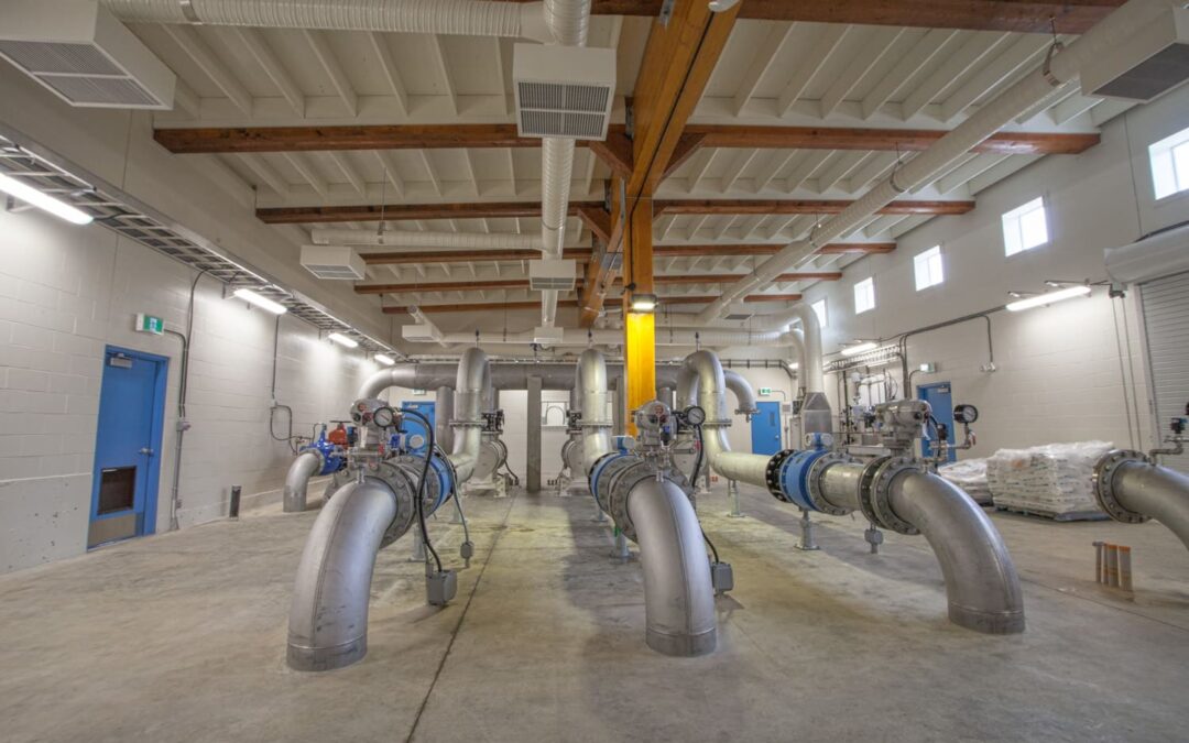 Large pluming pipes installed in water treatment plant