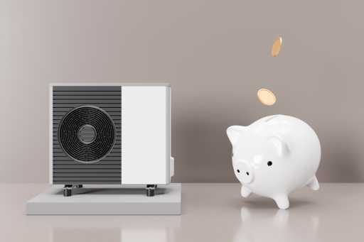 A heat pump on the left, and a piggy bank with coins on the right - indicating how heat pump rebates save money.